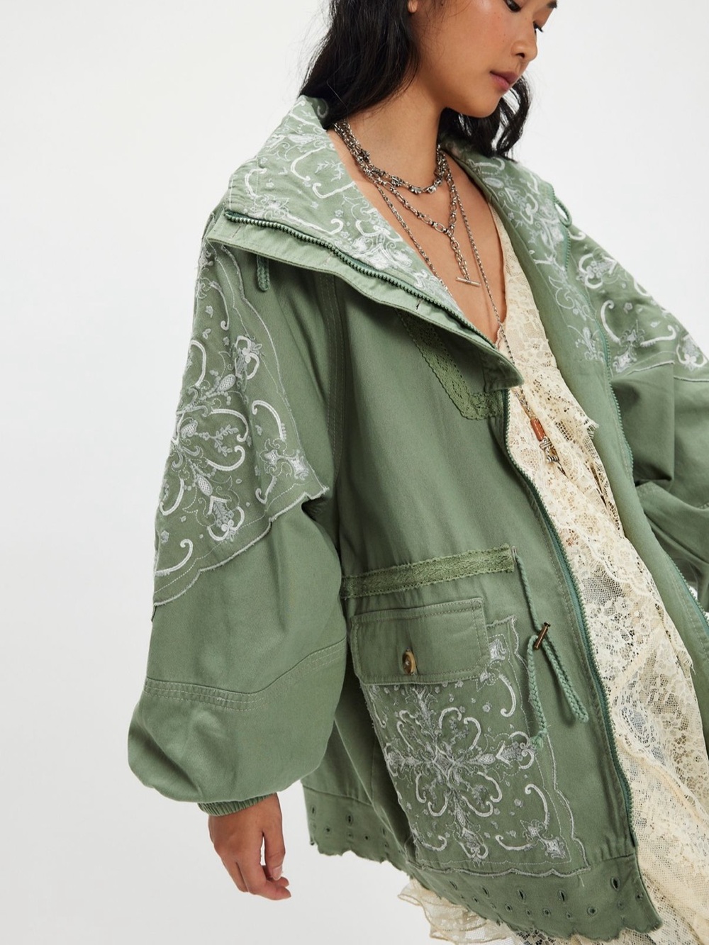 Free People Olive Green Embroidered Utility Jacket